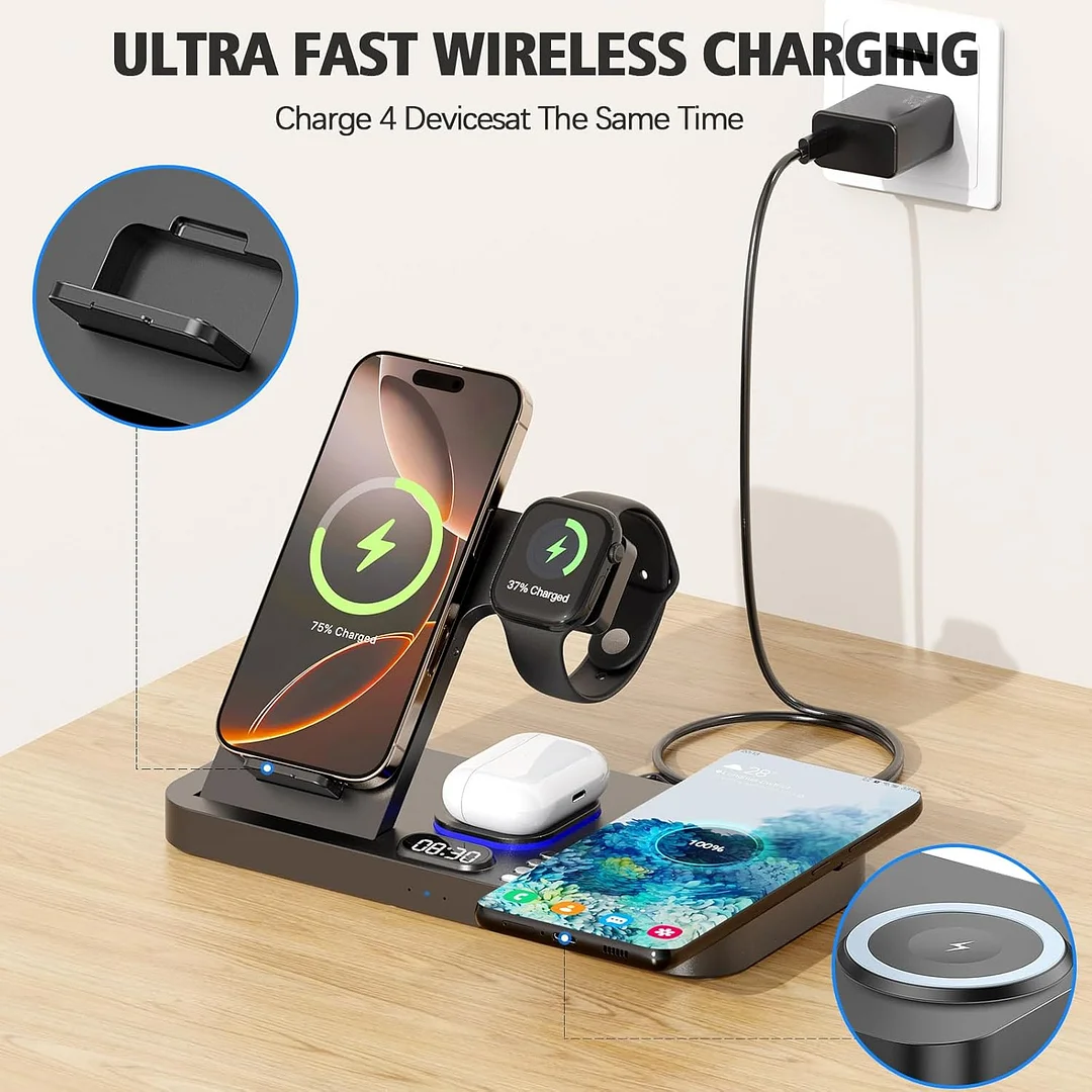 6 in 1 wireless charger, wireless charger with clock and 7 colors night light
