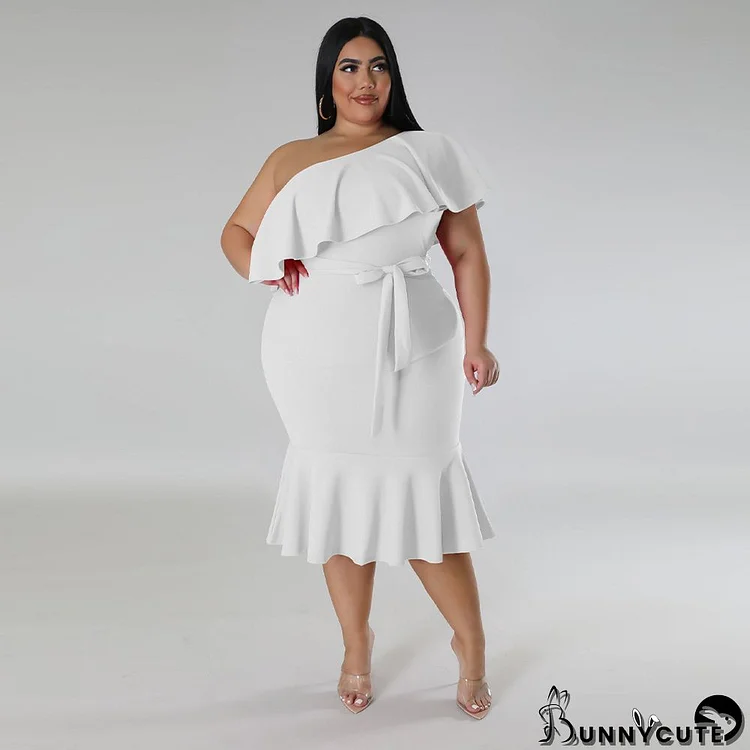 Plus Size Women's Fashion Fit Casual Ruffle One Shoulder Midi Dress