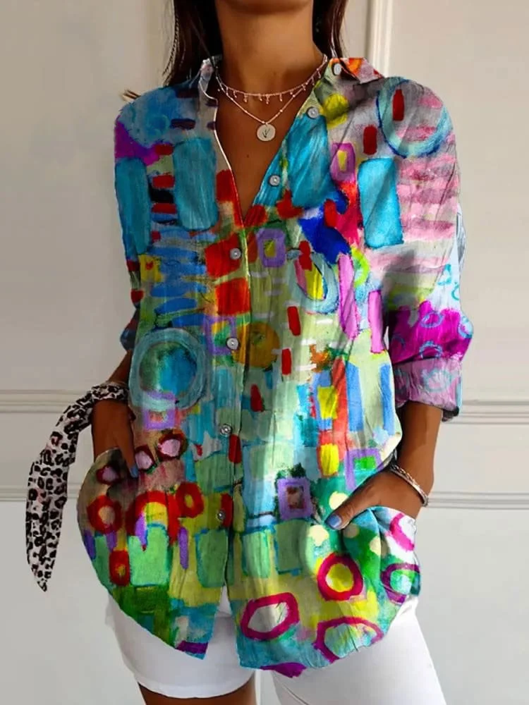 Colorful Abstract Painting Printed Women's Casual Cotton Shirt
