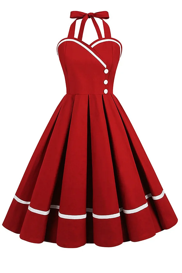 1950s Claret Retro Patchwork A-Line Puff Elegant Midi Dress