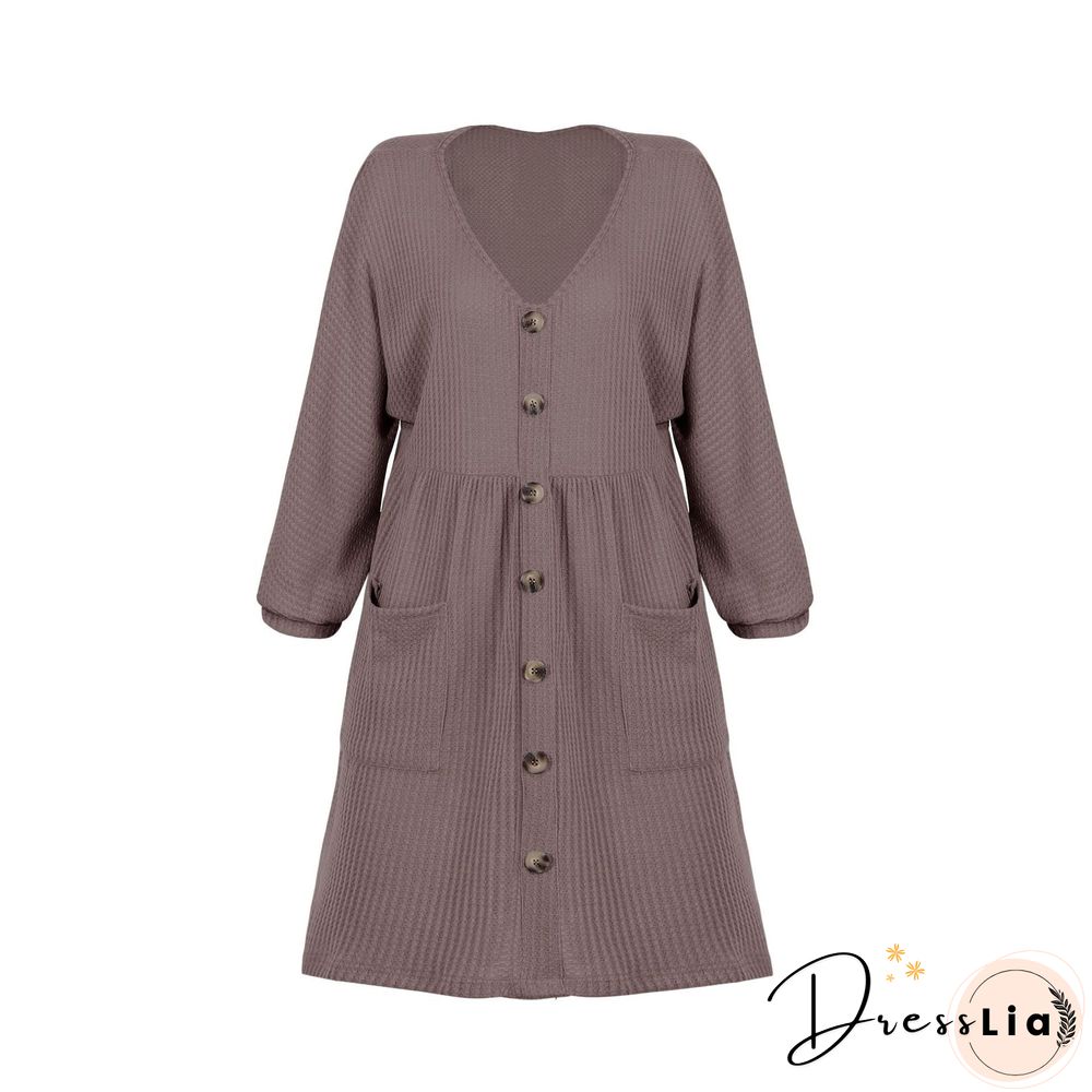 V-Neck Buttoned Loose Knit Hem Mini Dresses