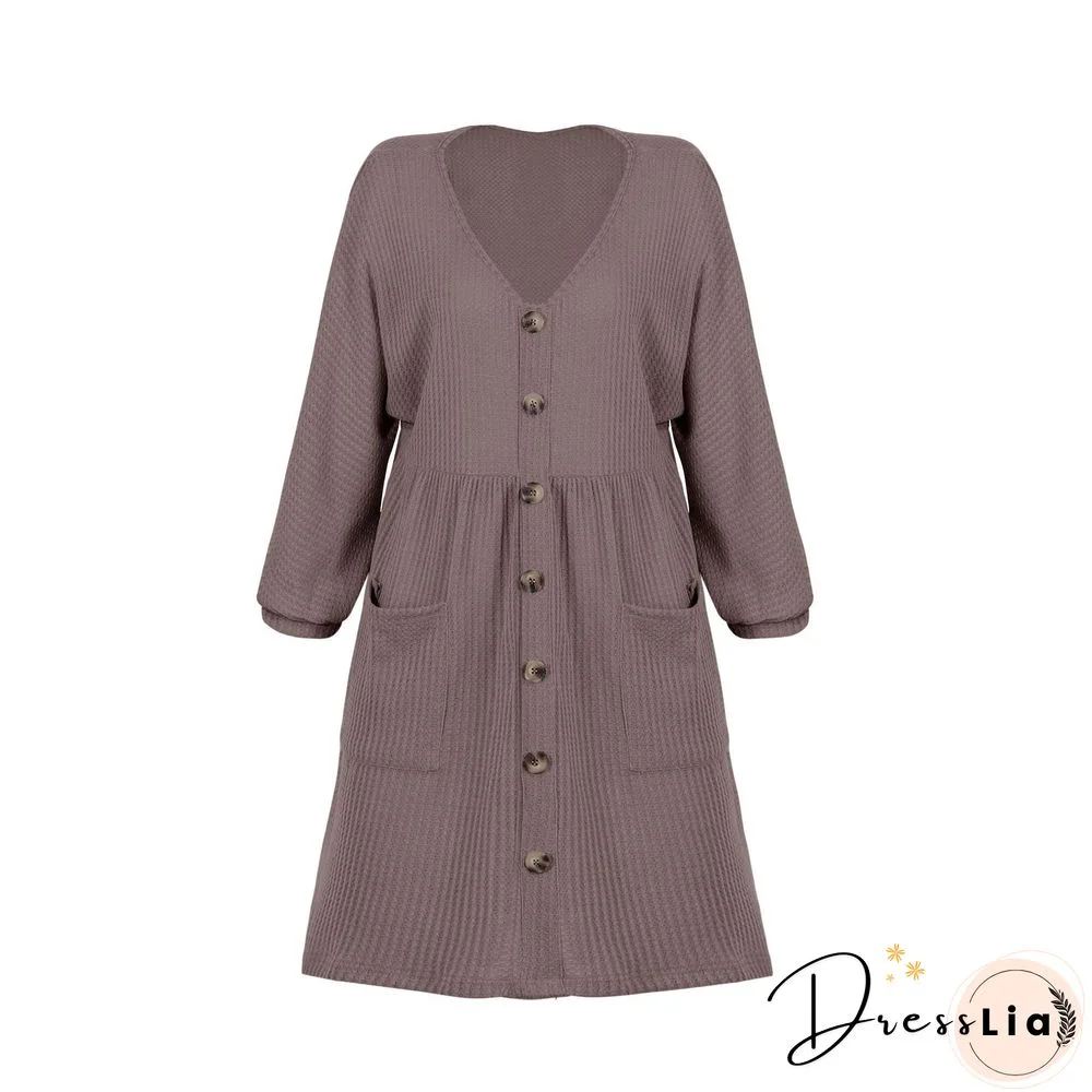 V-Neck Buttoned Loose Knit Hem Mini Dresses
