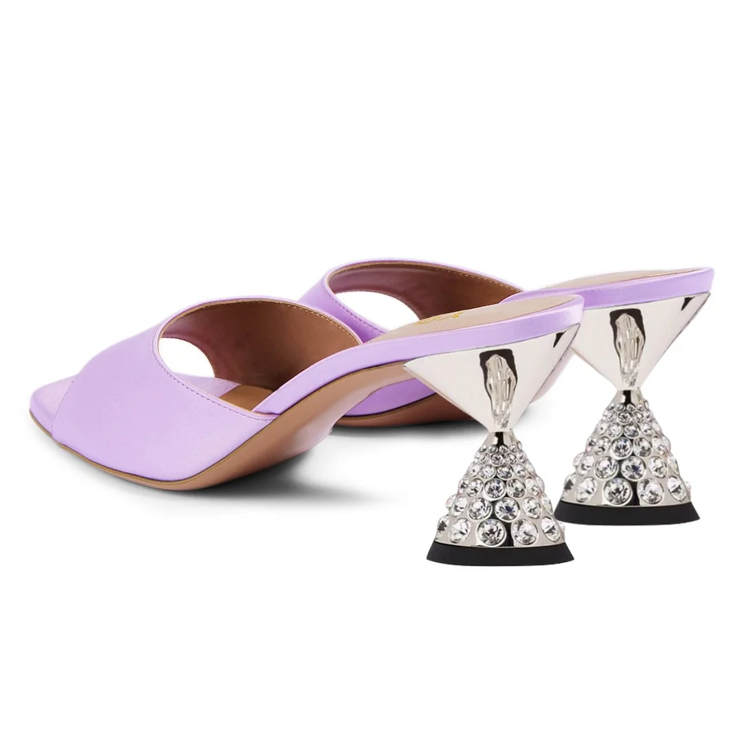Purple Satin Open Square Toe Slip On Heeled Mules with Rhinestone
