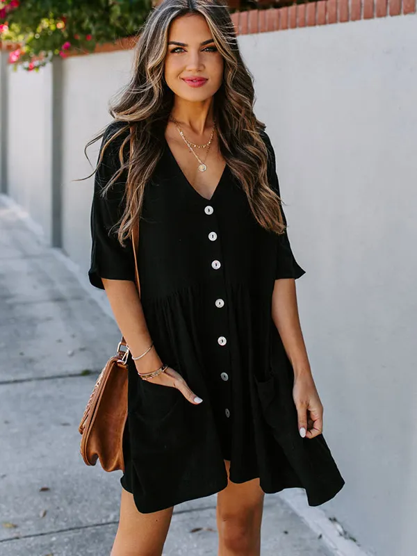 Half Sleeve V-Neck Button Loose Cover-Up Swimwear