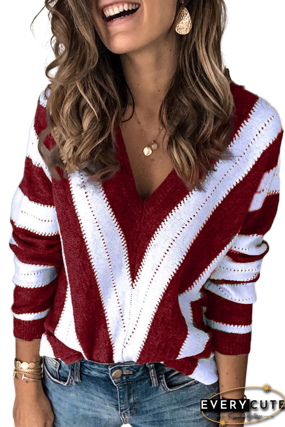 Red Striped Colorblock V Neck Knitted Sweater
