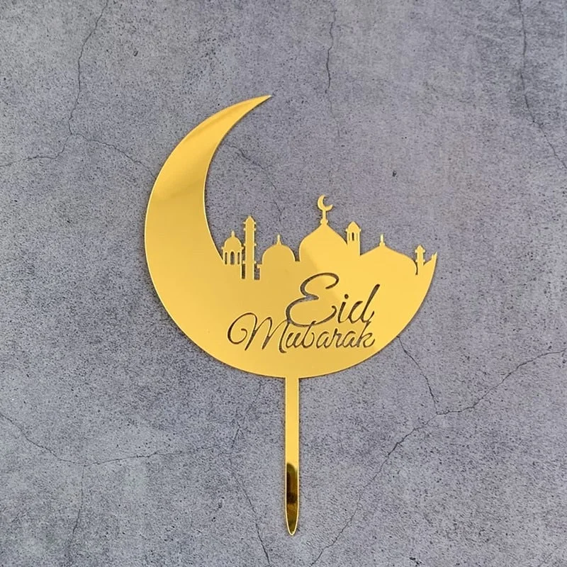 Eid Mubarak Cake Topper Gold Acrylic Cupcake Topper for Hajj Ramadan Mubarak Kareem Cake Decorations Muslim Baking Cake Supplies