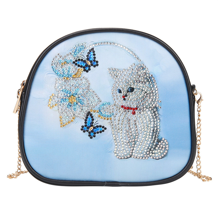 Cross mirror e-commerce Europe and America 5D DIY diamond painting single shoulder chain circular shoulder bag with zipper, cat style