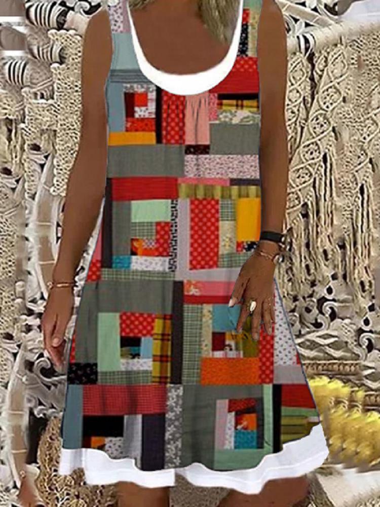 Women's Sleeveless Floral Printed Geometric Patchwork Dress