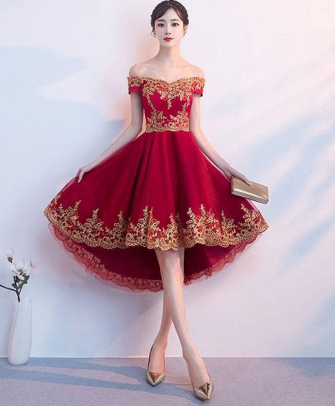 Burgundy Tulle Lace Short Prom Dress, High Low Bridesmaid Dress