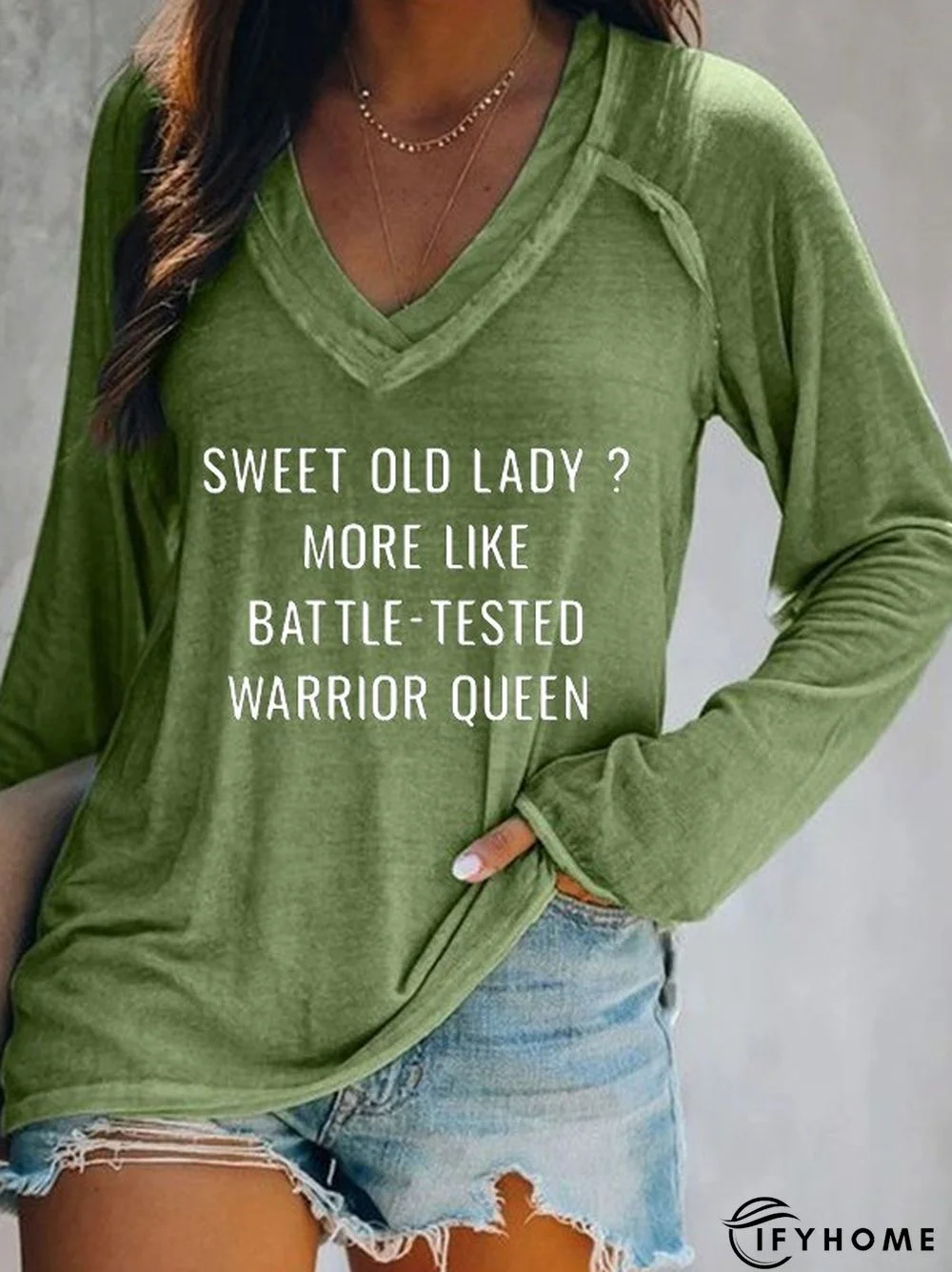 Letter Long Sleeve V-neck Casual Tunic T-Shirt | IFYHOME