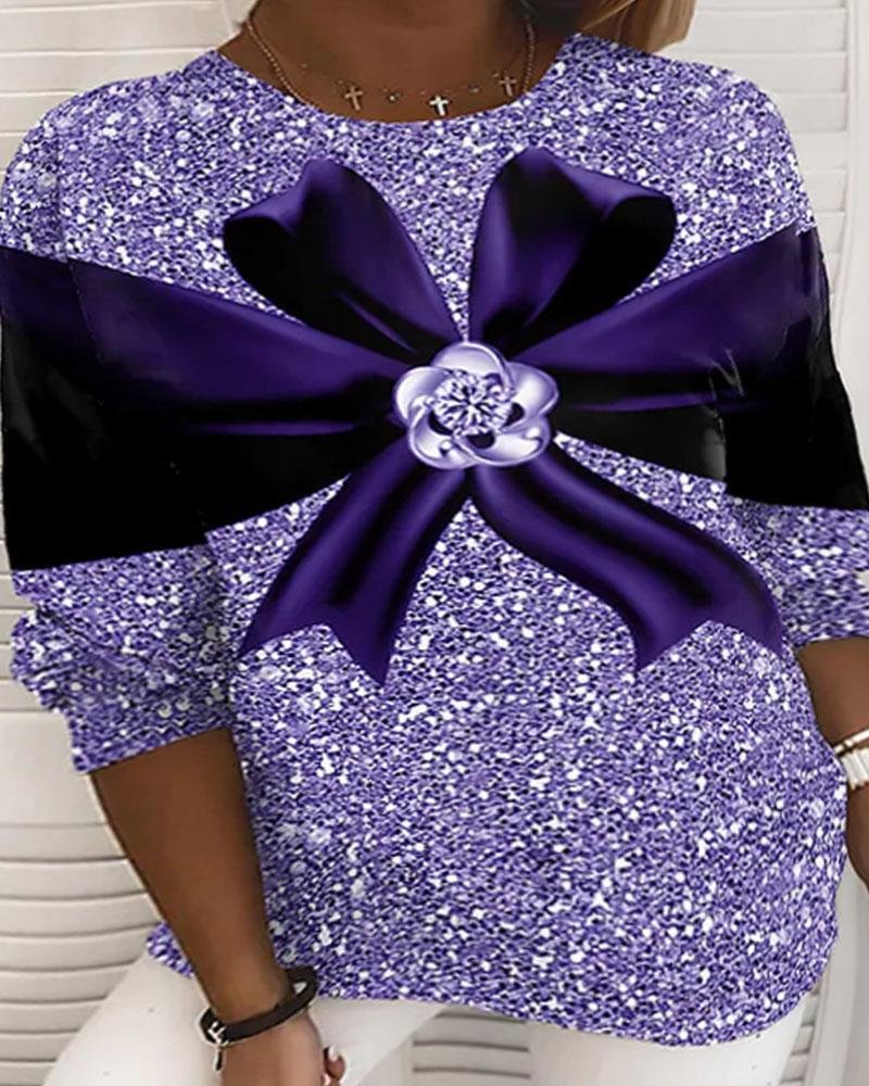 Women's Sequin Bow Flower Print Round Neck Long Sleeve Plus Size Top