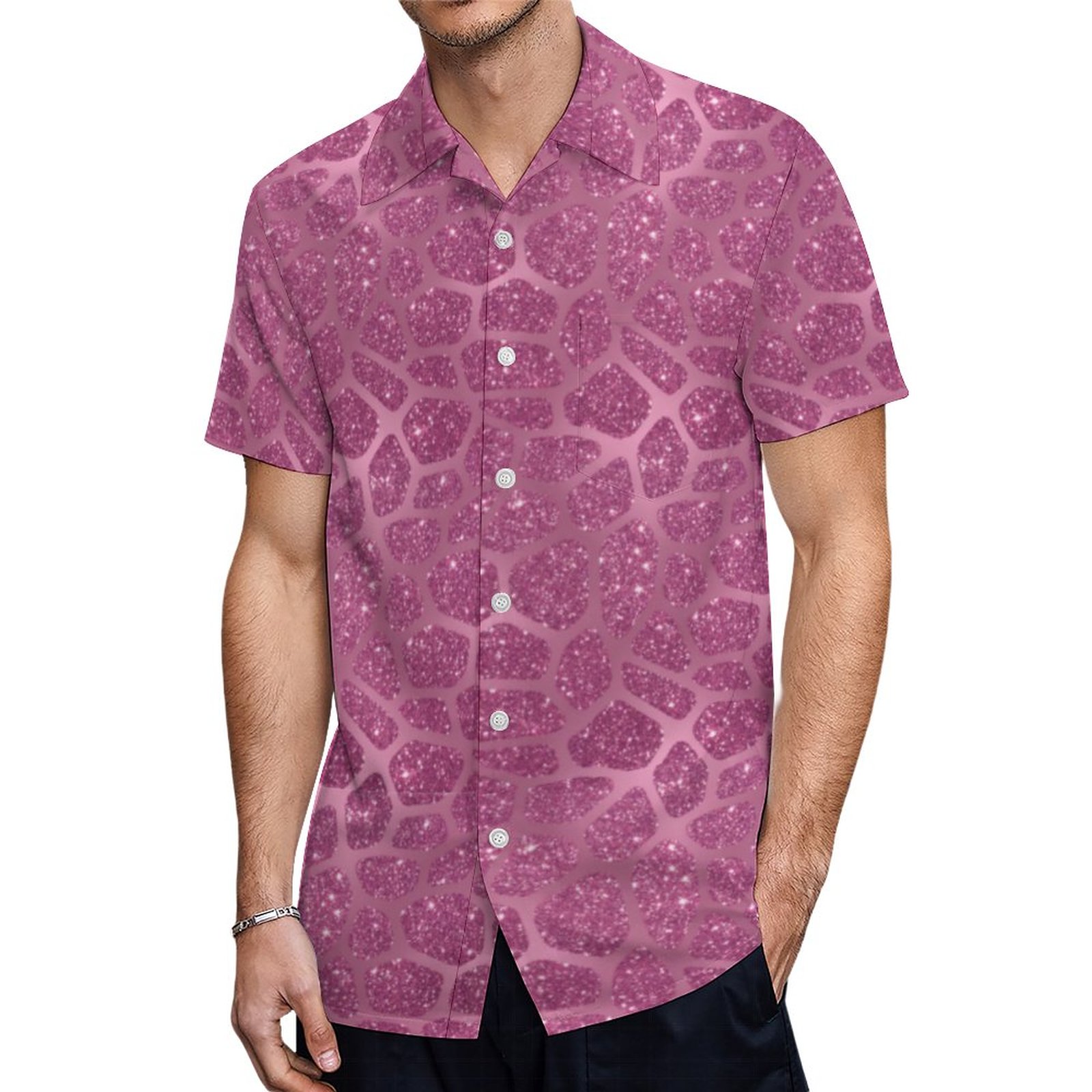 Pink Glitter Giraffe Print Hawaiian Shirt Mens Button Down Plus Size Tropical Hawaii Beach Shirts