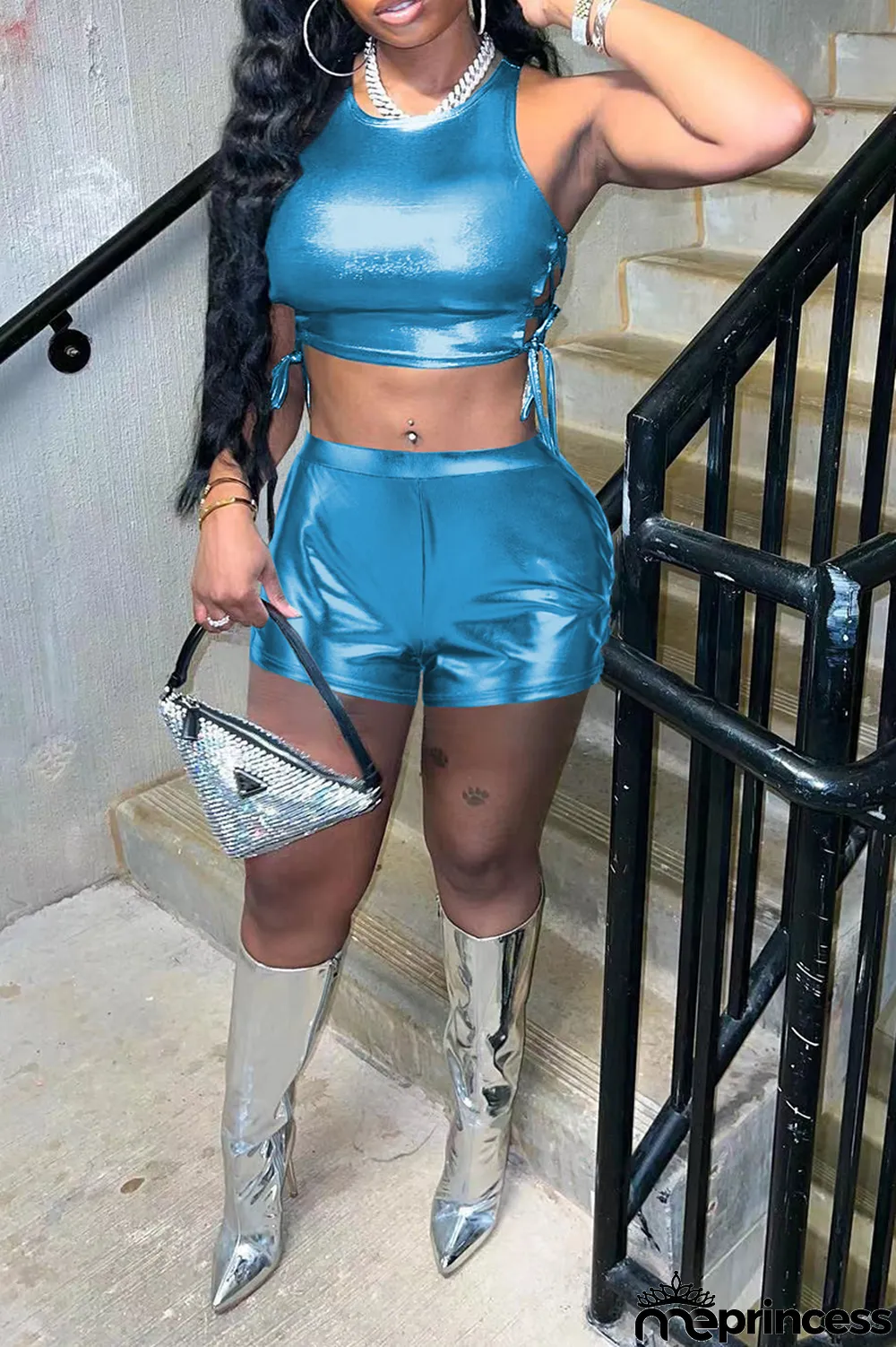 Blue Sexy Solid Bronzing Draw String O Neck Sleeveless Two Pieces