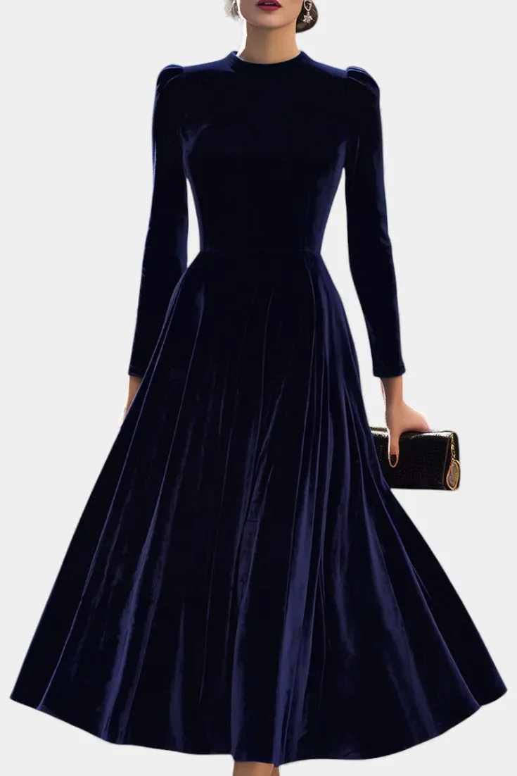 Navy Velvet High-Neck Midi Dress with Puffed Sleeves