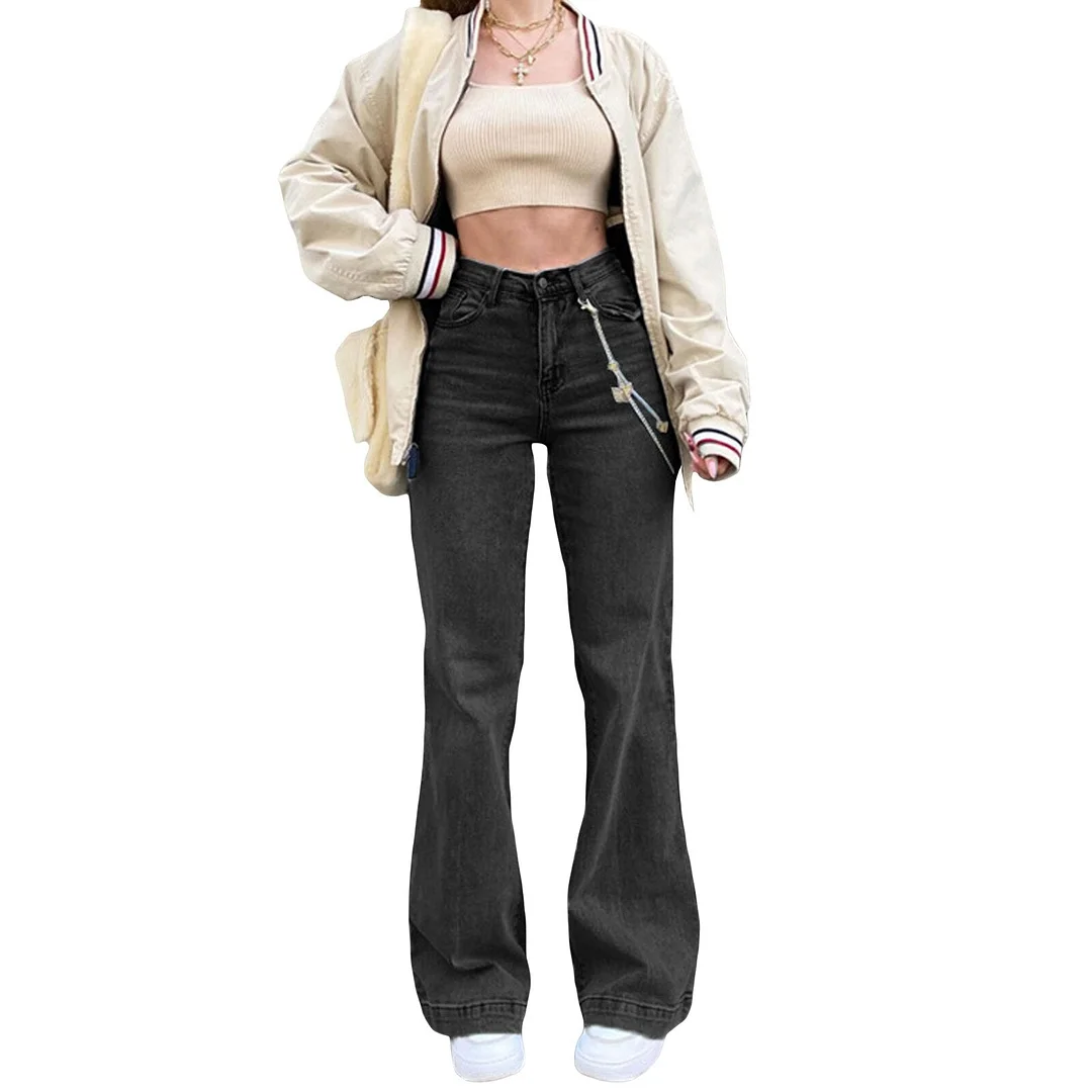Peneran Women Denim Flared Pants Casual Solid Color Stretchy High Waist Bell Bottom Jeans Streetwear Baggy Jeans for Women Trousers Y2K