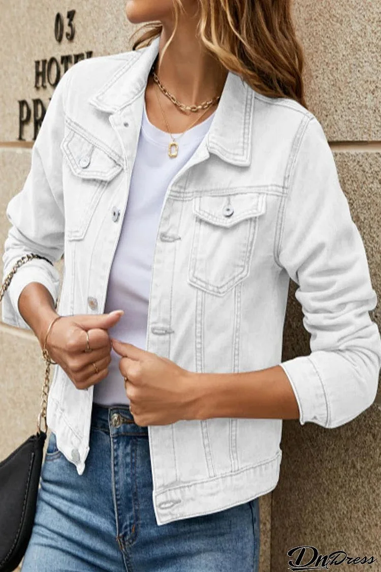 Street Elegant Solid Pocket Turndown Collar Long Sleeve Regular Denim Jacket