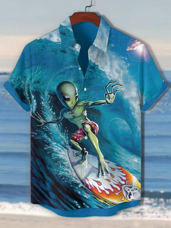 Men's Alien Surfing Vacation Art Print Casual Shirt