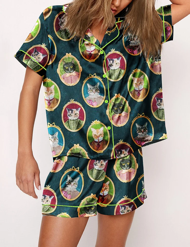 Women&rsquo;s Colorful Cat Cameos Short Sleeve Satin Pajama Set