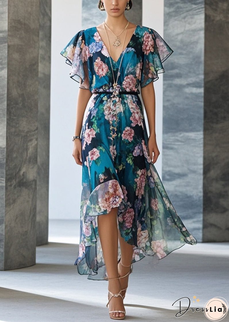 Style Peacock Blue Print Chiffon Party Dress Summer