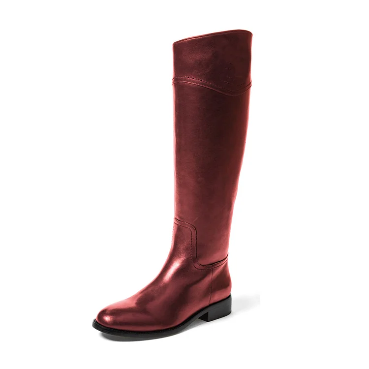 Red Riding Boots Round Toe Shiny Vegan Leather Flat Knee Boots |FSJ Shoes