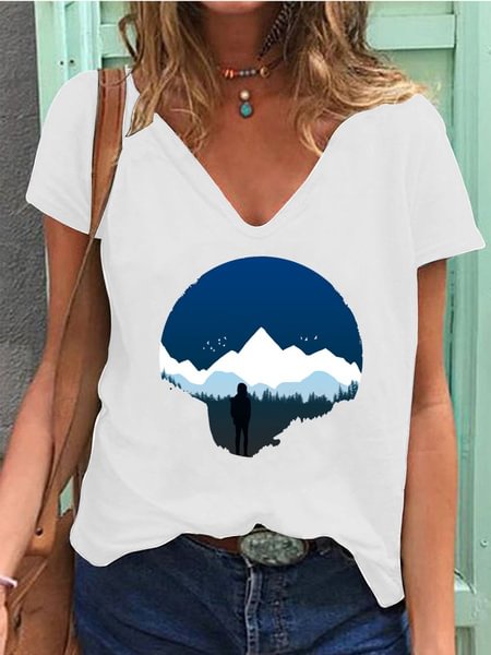 New Fashion Women's Summer Printed Short Sleeve Deep V-Neck T-shirt Casual Graphic Shirt Loose Solid Color Blouse Tops - BlackFridayBuys