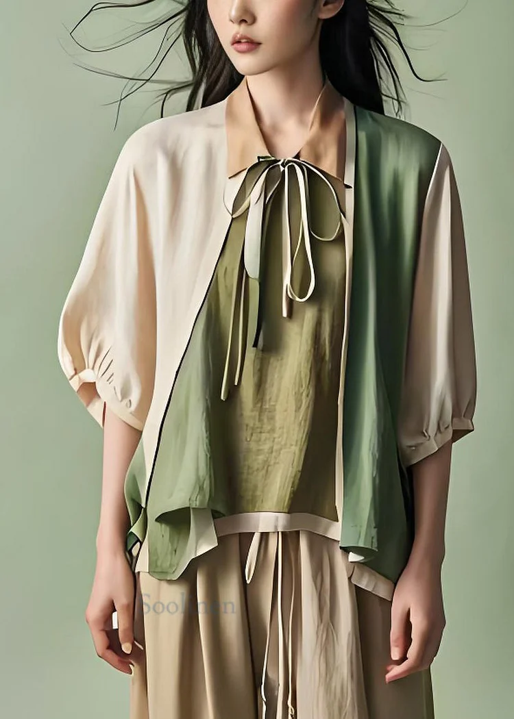 Pre sale - shipping in 30 days/Casual Colorblock Peter Pan Collar Lace Up Patchwork Cotton Top Summer