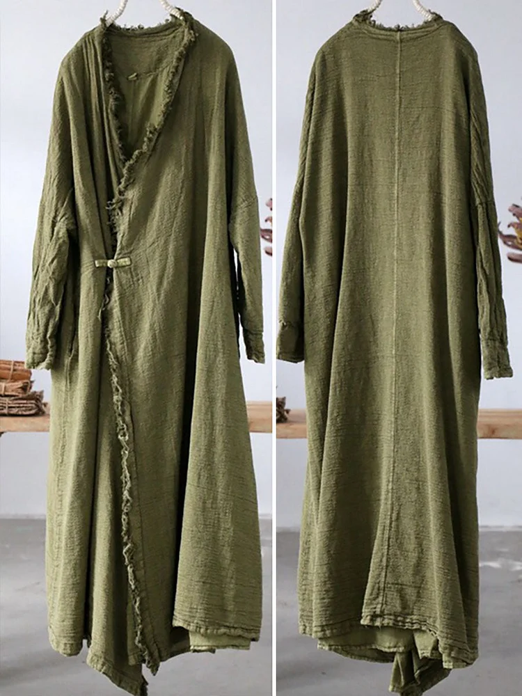 Women Artsy Worn Burrs Solid Button Irregular Long Coat