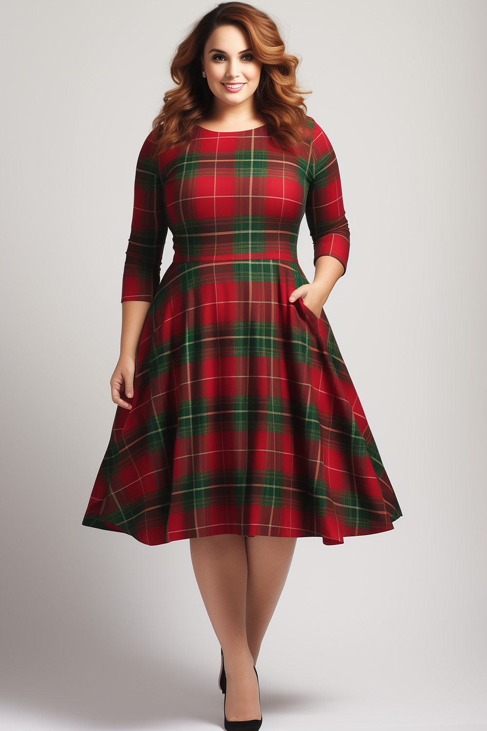 Flycurvy Plus Size Christmas Red Green Contrast Plaid Patchwork Long Sleeve Midi Dress