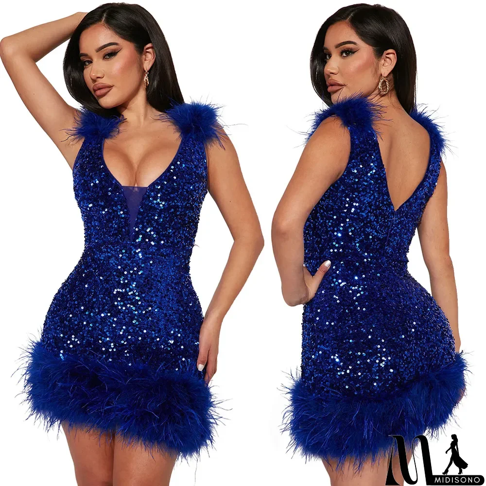 MidiSono - Sexy Sling Sequin Fashion Feather Party Dress