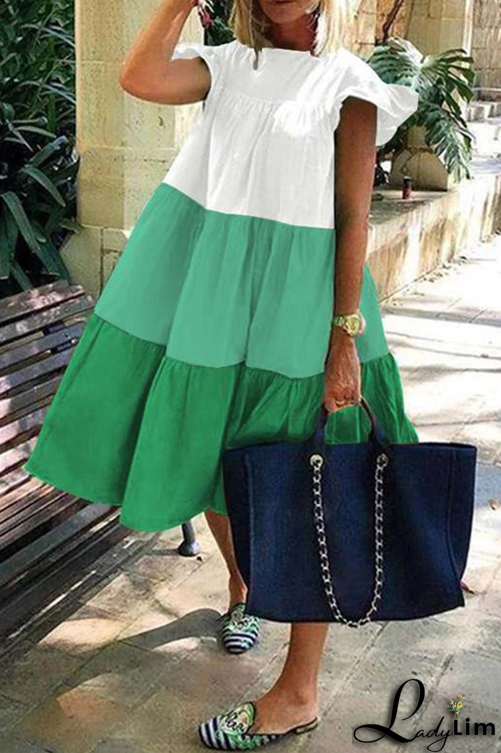 Green Casual Solid Split Joint O Neck A Line Dresses