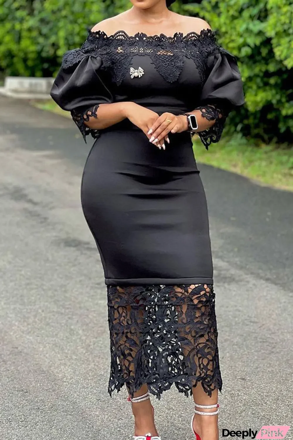 Black Elegant Solid Patchwork Off the Shoulder One Step Skirt Dresses(Without Brooch)
