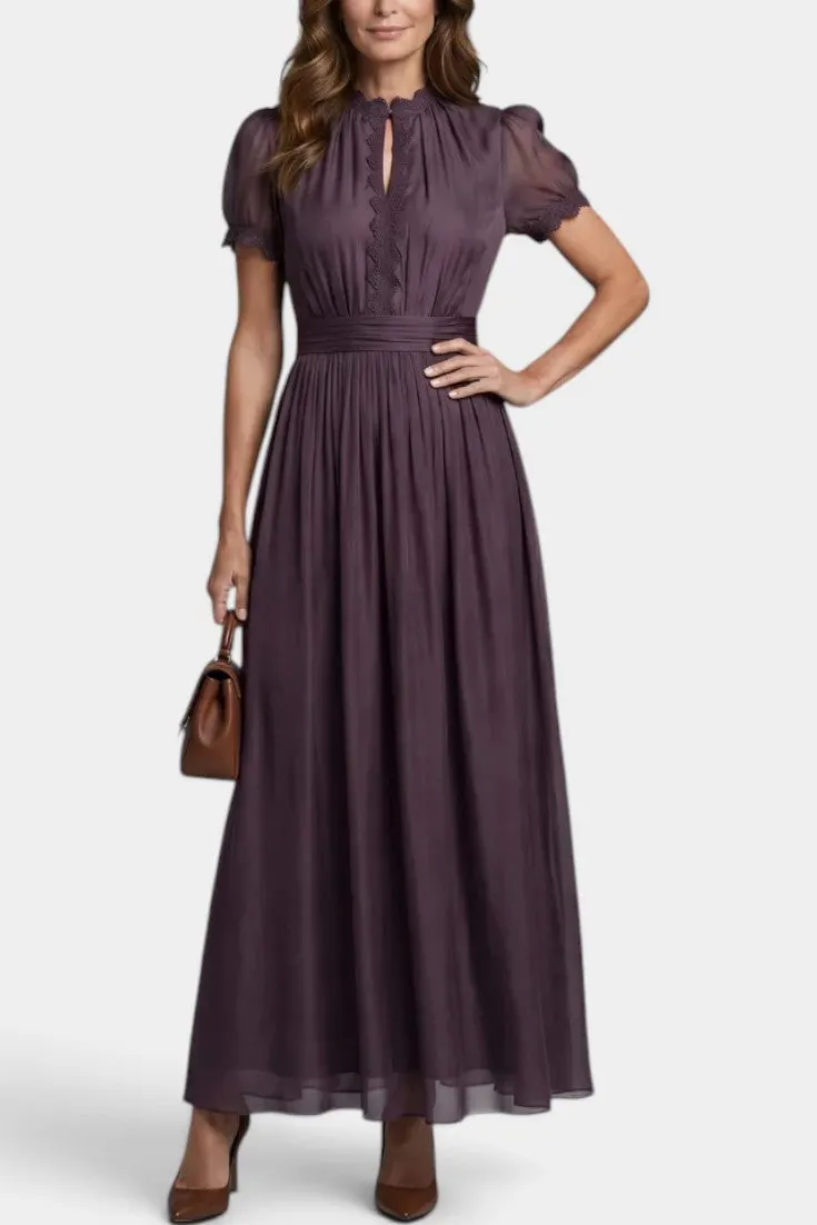 Chiffon Maxi Dress with Lace-Trimmed Neck and Waist Belt