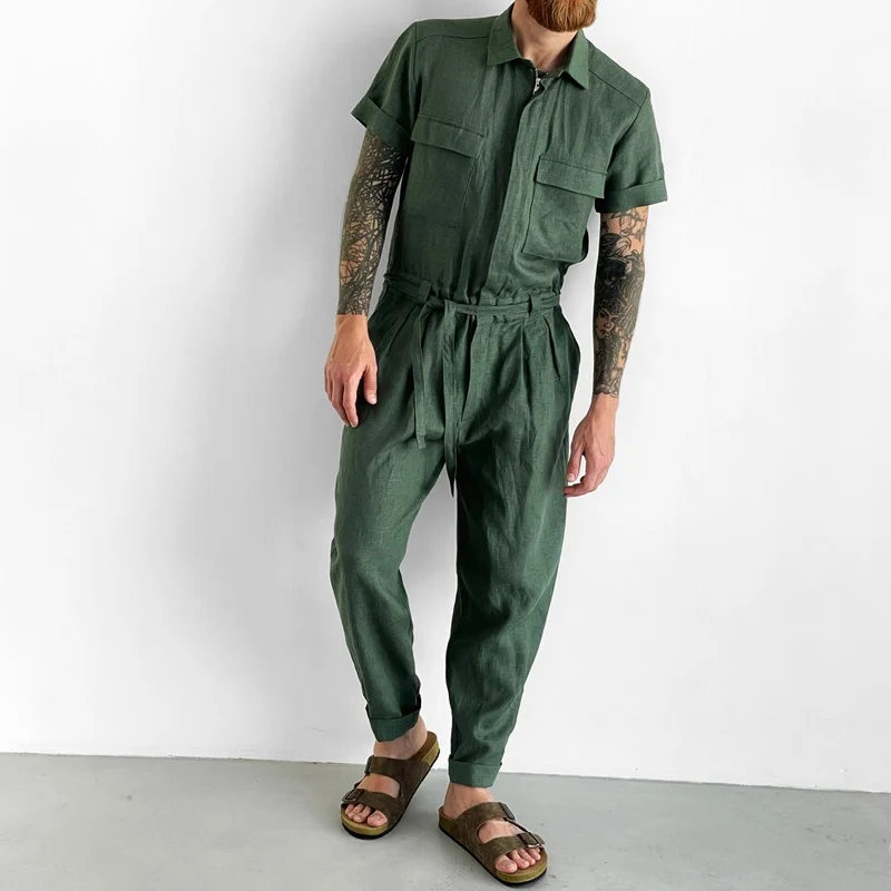 Men's Green Linen Zip Elastic Waist Jumpsuit