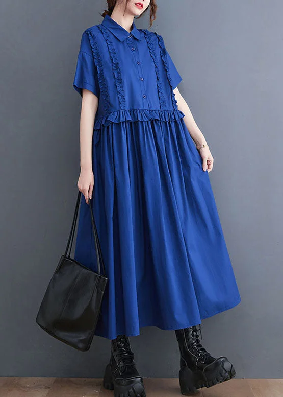 Italian Blue Ruffled Patchwork Long Cotton Shirts Dresses Summer