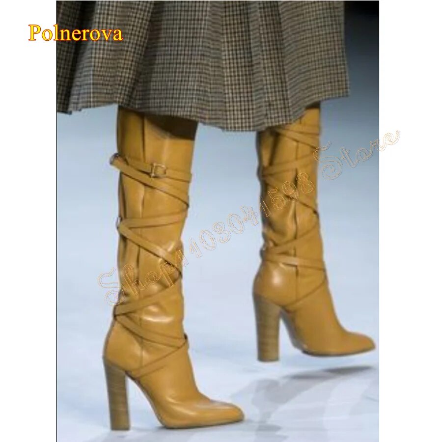 VCshoes Leather Knee High Boots Round Toe Striped Chunky Heel Women's Boots Party Boots Zapatos Para Mujere