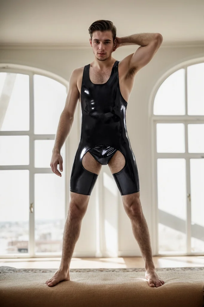 Men's Black Latex Bodysuits Male Open  Crotch Y  Strapped Singlet Suit Black T  shirt Style Sexy Bodysuits