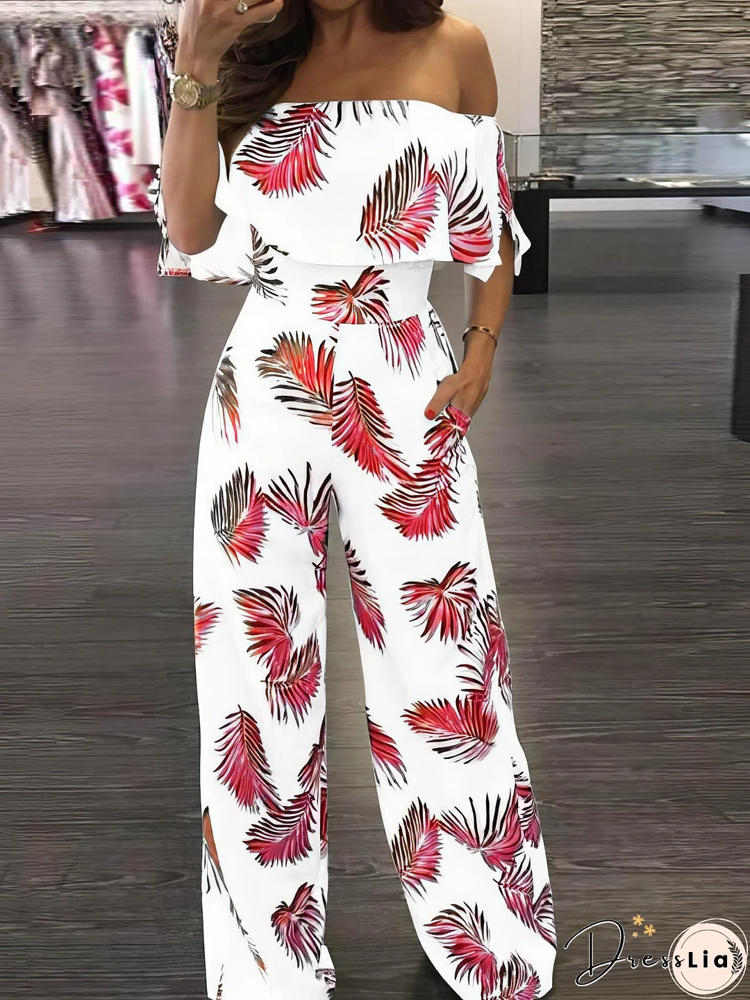 Fashion Print Frilled Off Shoulder Flared Jumpsuit for Women