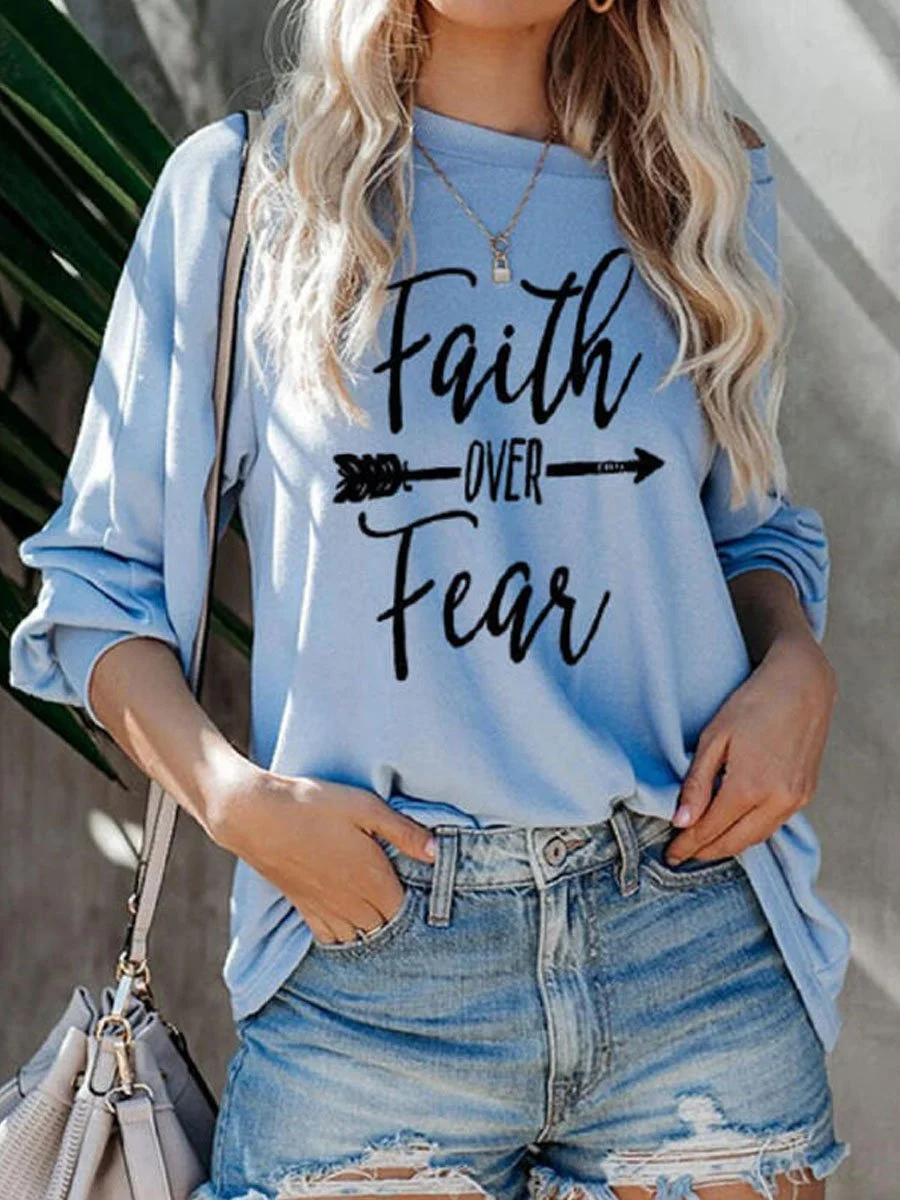 Faith over Fear One Shoulder Long Sleeve Casual T-shirts