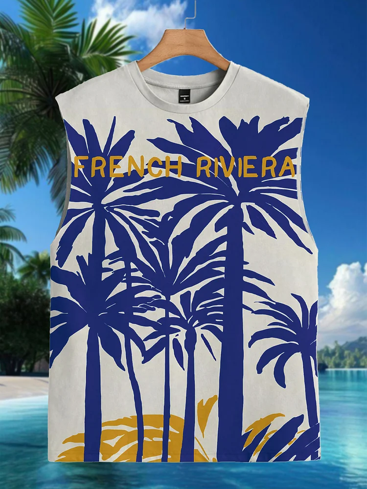 Men's French Riviera Coconut Tree Vacation Art Print Tank Top