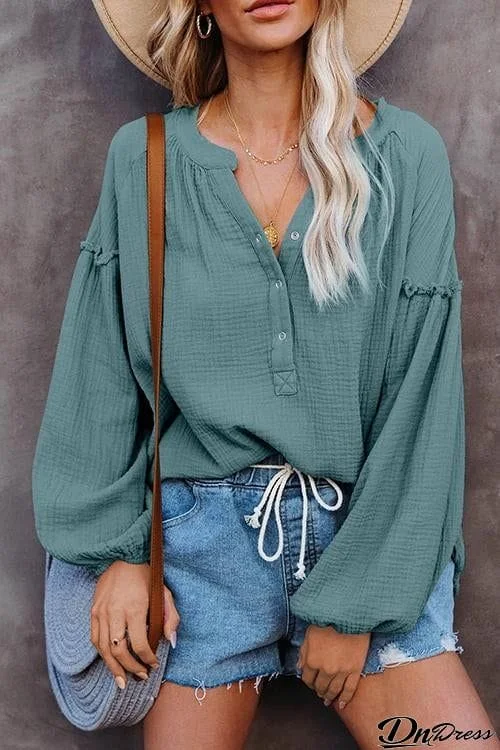 Button Neck Puff Sleeve Loose Blouse