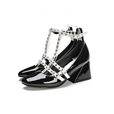 Black and White Heels Square Toe Patent Leather T Strap Shoes |FSJ Shoes