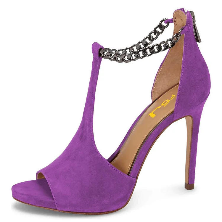 Purple Open Toe Vegan Suede T Strap Sandals Stiletto Heel Sandals |FSJ Shoes