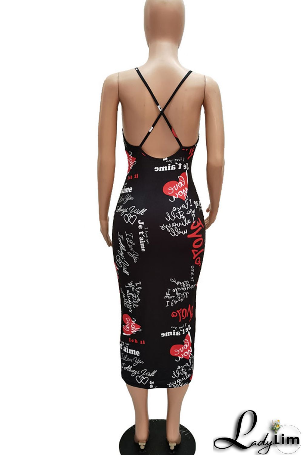 Black Red Sexy Print Split Joint Spaghetti Strap Sling Dress Dresses