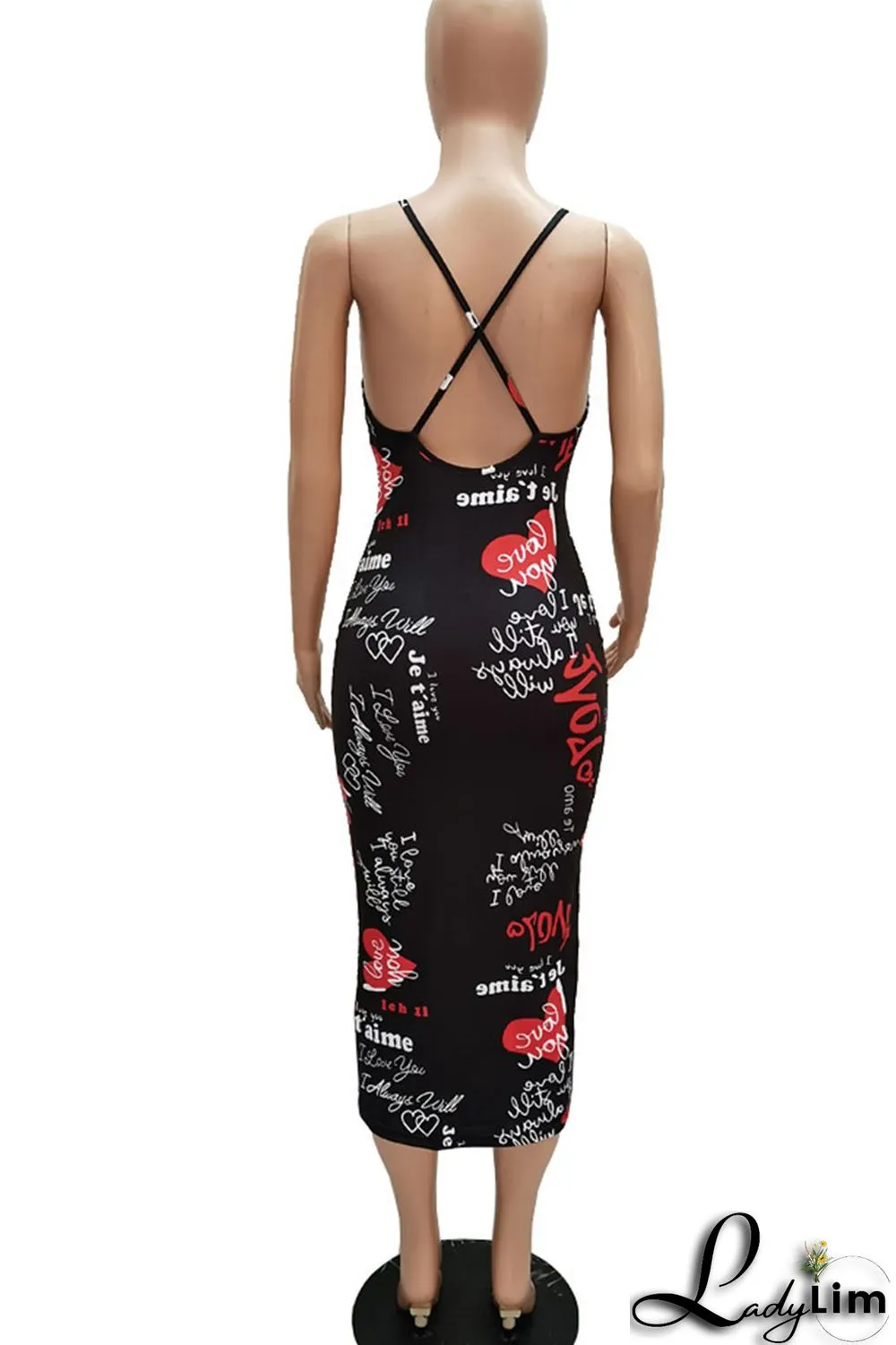 Black Red Sexy Print Split Joint Spaghetti Strap Sling Dress Dresses