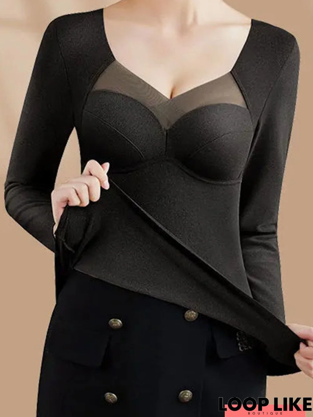 Sexy Mesh Panel Plush Warm Long Sleeve T-Shirt Plus Size