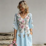 Bohemian Style Plant Flower And Butterfly Pattern Embroidery Women's Cotton And Linen Dress - Image 6