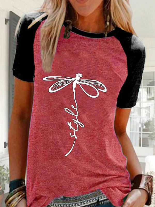 Dragonfly Style Printed Contrast Color Tee