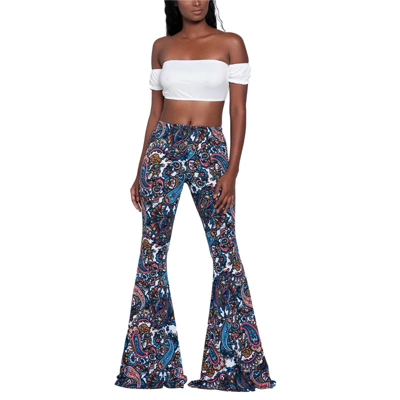 Women Pants New Baggy Flared Pants Boho Style Floral Hippie Wide Leg Gypsy Palazzo Casual Trousers Ladies Bell-bottomed Trousers