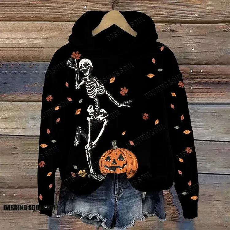 Happy Pumpkin Skull Halloween Print Long Sleeve Hoodie
