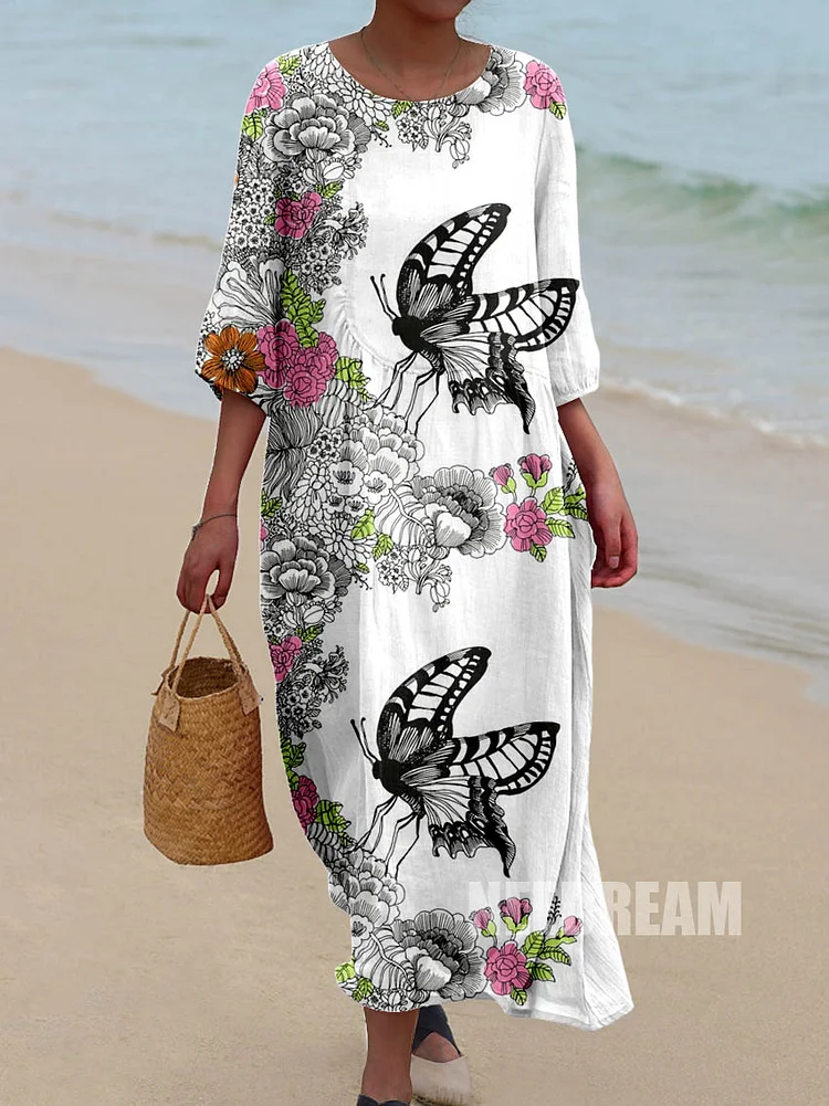 Womens Funny Butterfly Flower  Pattern Pocket Cotton Dress